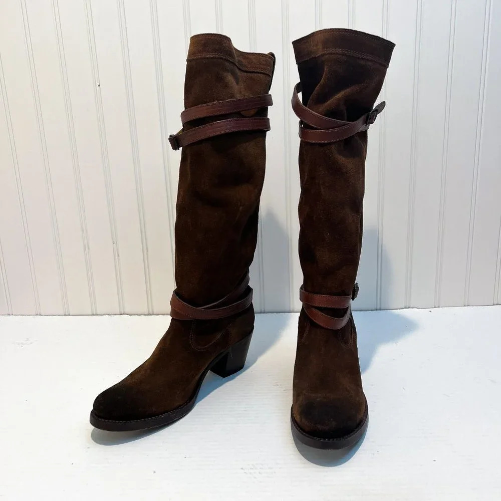 Frye Slouchy Suede Knee High Buckle Western Bohemian Block Heel Boots 7 NWOT - Picture 4 of 13